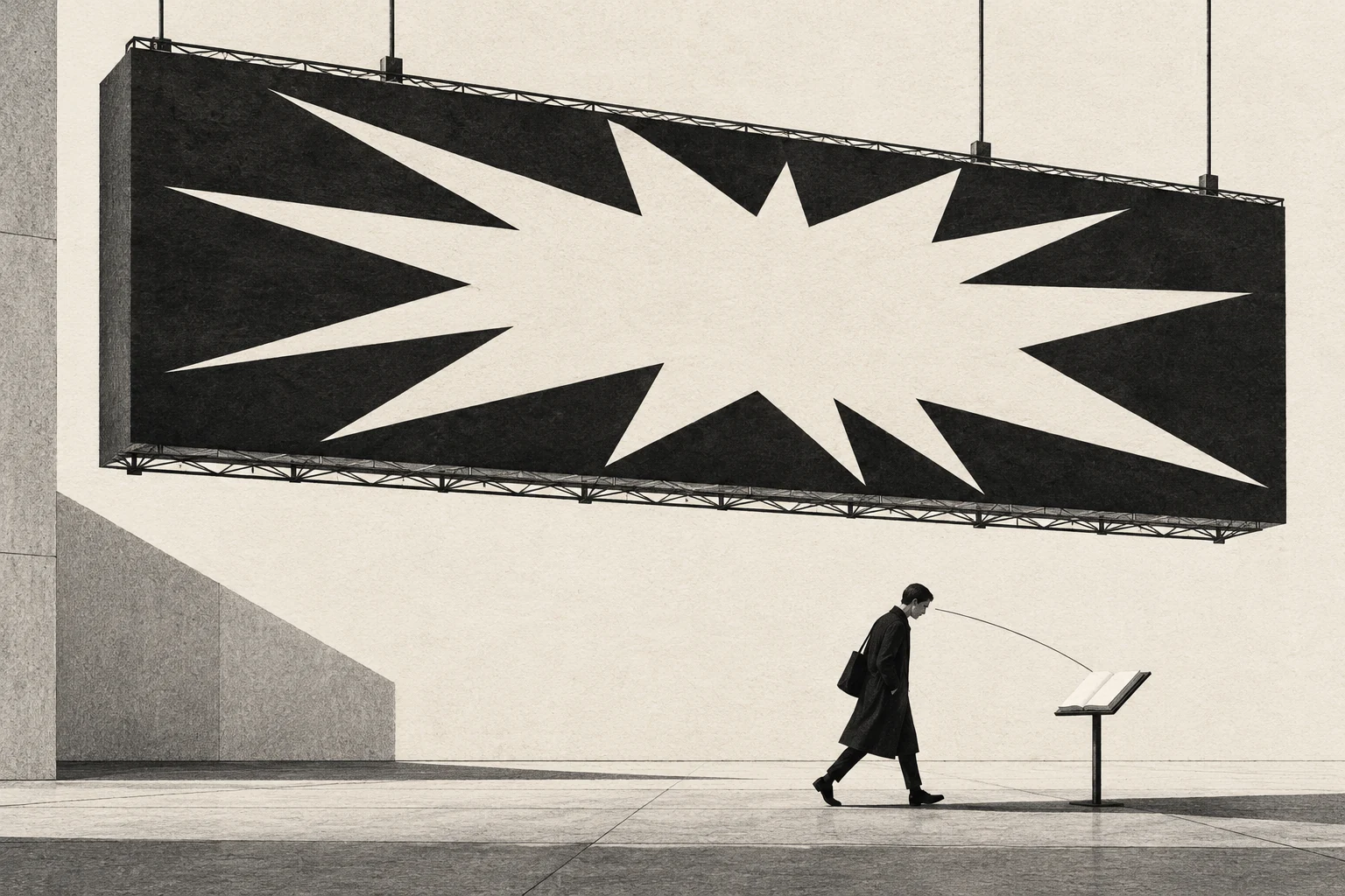 A person walks beneath an enormous billboard, directing their gaze toward a small open book instead of the looming graphic above.