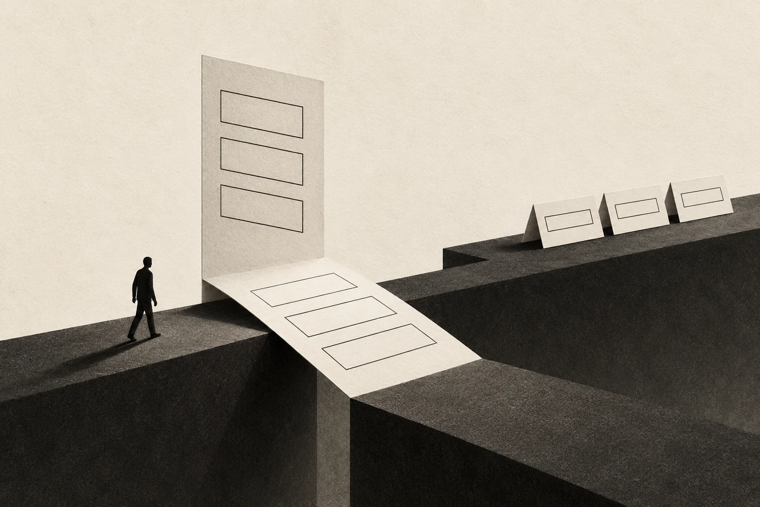 A small figure approaches a tall paper form. Part of the form folds into a bridge, while three separate question cards wait further along the path.