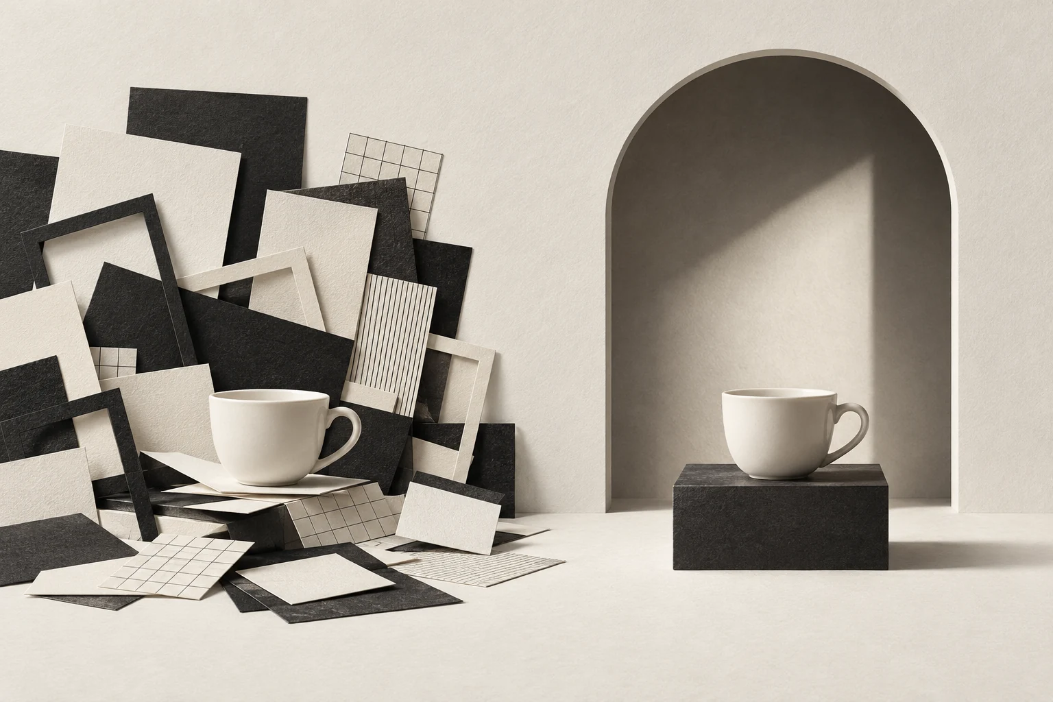 Two matching white cups: one surrounded by competing paper frames, the other presented alone on a precise plinth inside an architectural opening.