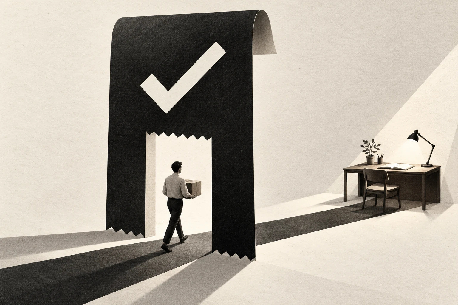 A person carrying a parcel walks through a giant receipt-shaped doorway with a checkmark. A path continues toward a desk with an open notebook.