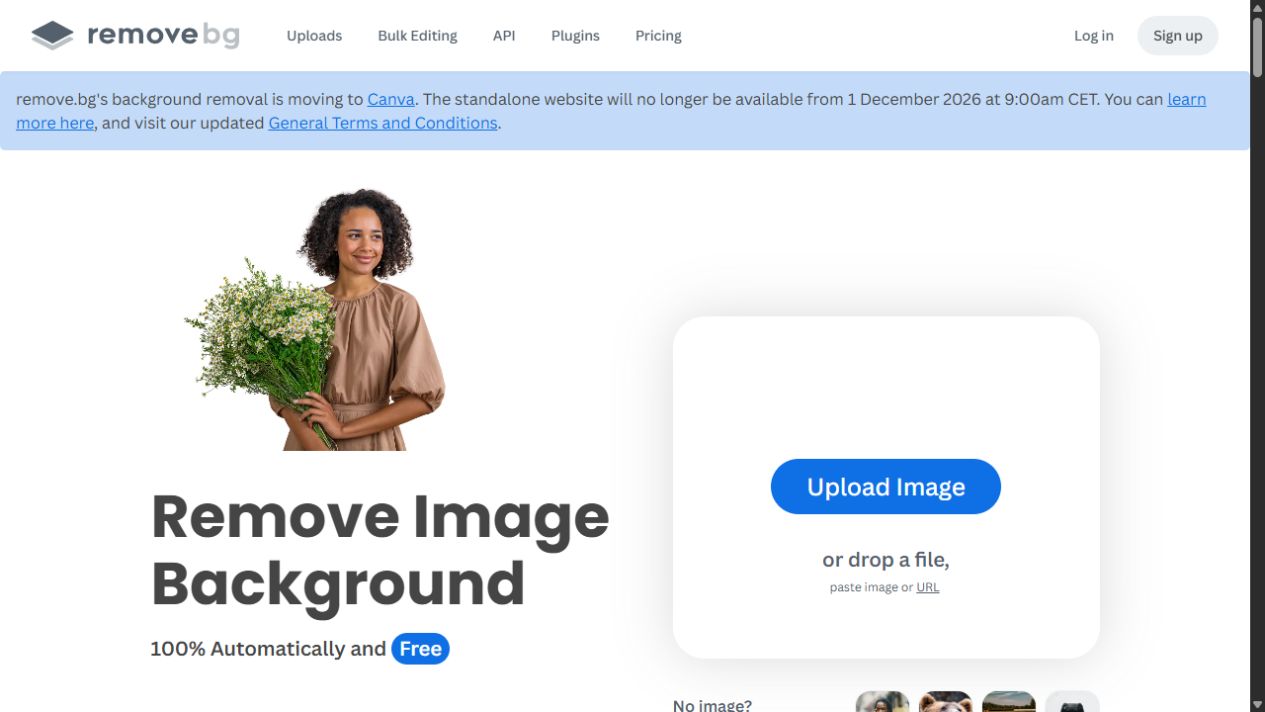 remove.bg homepage with a cut-out portrait, a heading naming image background removal and a blue image upload button. A service transition notice remains at the top.