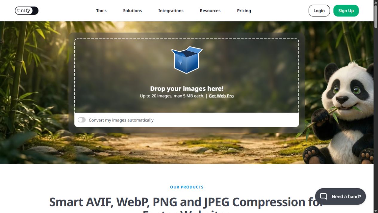 TinyPNG homepage with bamboo, a panda, a prominent image drop zone and file limits. The beginning of the compression explanation appears below the tool area.