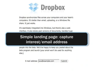 A slide from Drew Houston's presentation showing an early Dropbox landing page with a short explanation and an email field. A presentation annotation identifies email capture as its purpose.