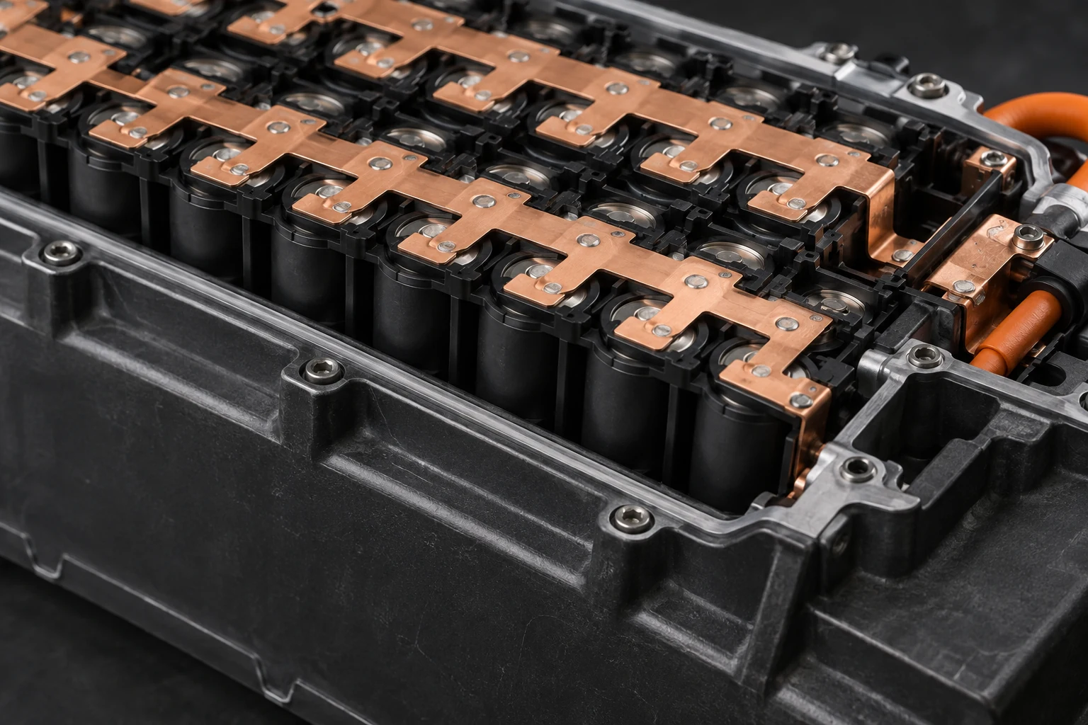 Cutaway of the structural battery pack with copper busbars