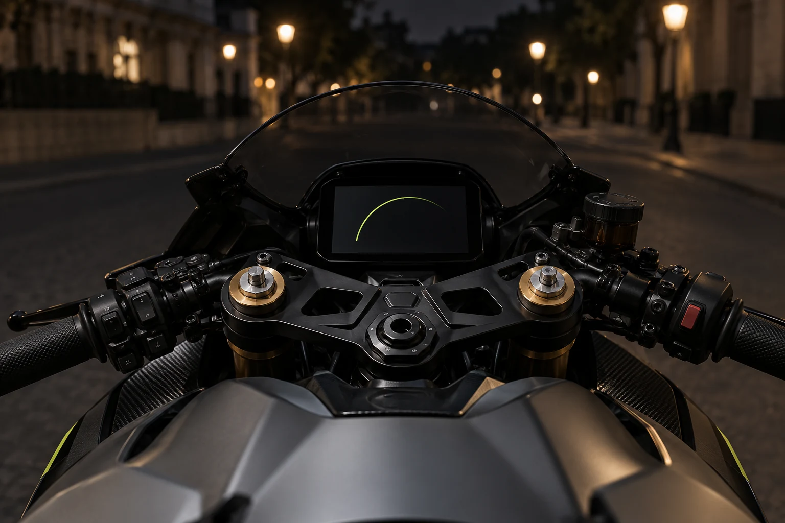 Rider view of the Arc cockpit with a lime gauge and city lights ahead