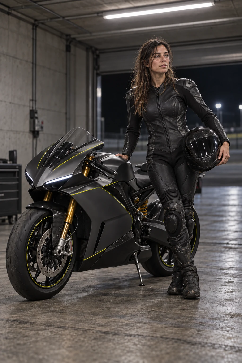 Rider in black leathers holding a helmet beside the Arc in a concrete garage