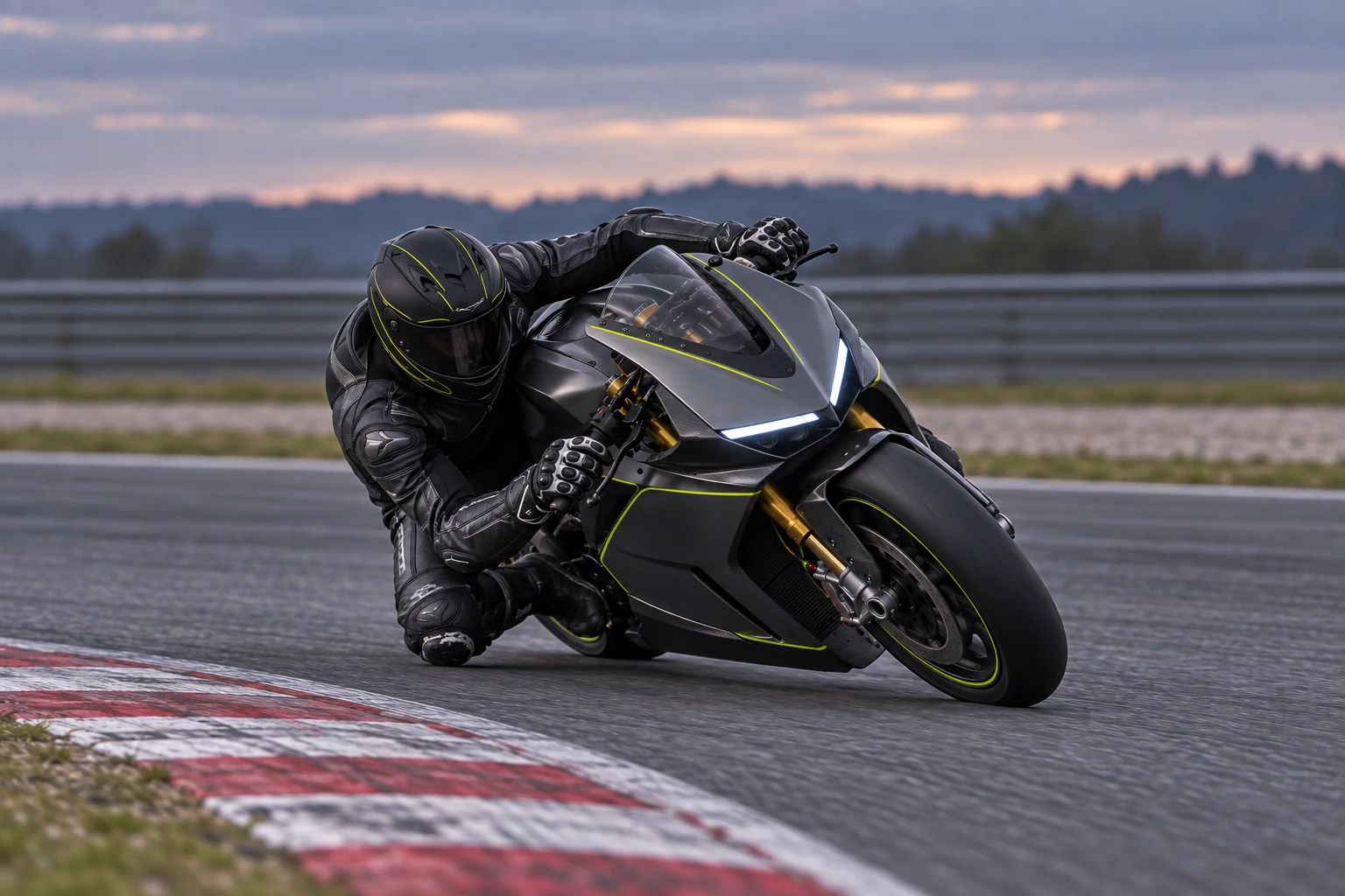 The Arc leaning into a corner on a race track at dusk